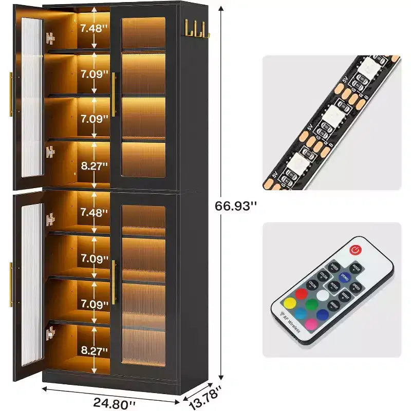 Lantine Bookcase with Doors and LED Light, 67-inch Tall Bookshelf with 8-Tier Adjustable Shelves and Hanging Hooks
