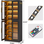 Lantine Bookcase with Doors and LED Light, 67-inch Tall Bookshelf with 8-Tier Adjustable Shelves and Hanging Hooks