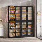 Lantine Bookcase with Doors and LED Light, 67-inch Tall Bookshelf with 8-Tier Adjustable Shelves and Hanging Hooks