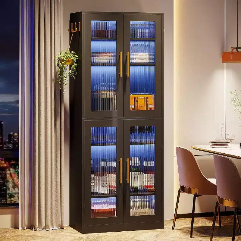 Lantine Bookcase with Doors and LED Light, 67-inch Tall Bookshelf with 8-Tier Adjustable Shelves and Hanging Hooks