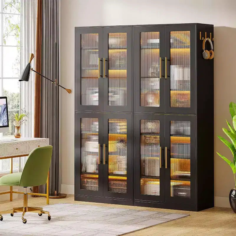 Lantine Bookcase with Doors and LED Light, 67-inch Tall Bookshelf with 8-Tier Adjustable Shelves and Hanging Hooks
