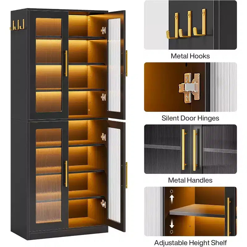 Lantine Bookcase with Doors and LED Light, 67-inch Tall Bookshelf with 8-Tier Adjustable Shelves and Hanging Hooks