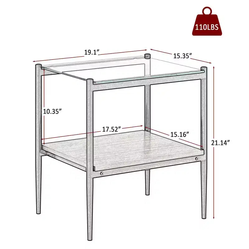 MAYEERTY Set of 2 Rectangle End Table with Tempered Glass Tabletop, for Living Room, Transparent Glass