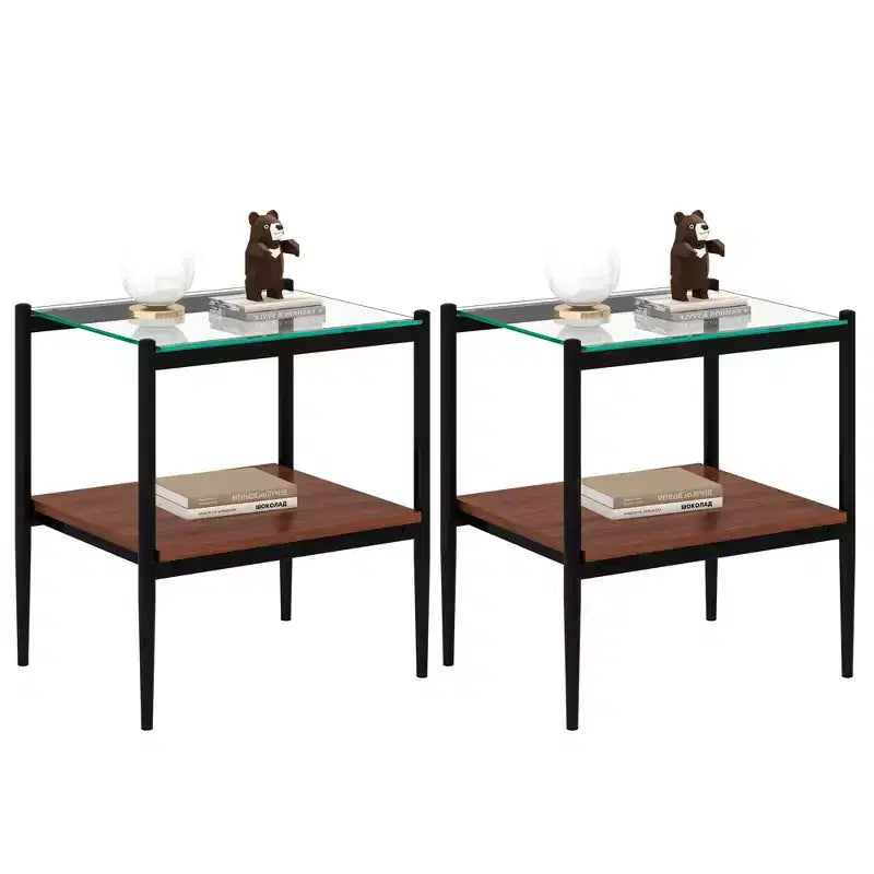 MAYEERTY Set of 2 Rectangle End Table with Tempered Glass Tabletop, for Living Room, Transparent Glass