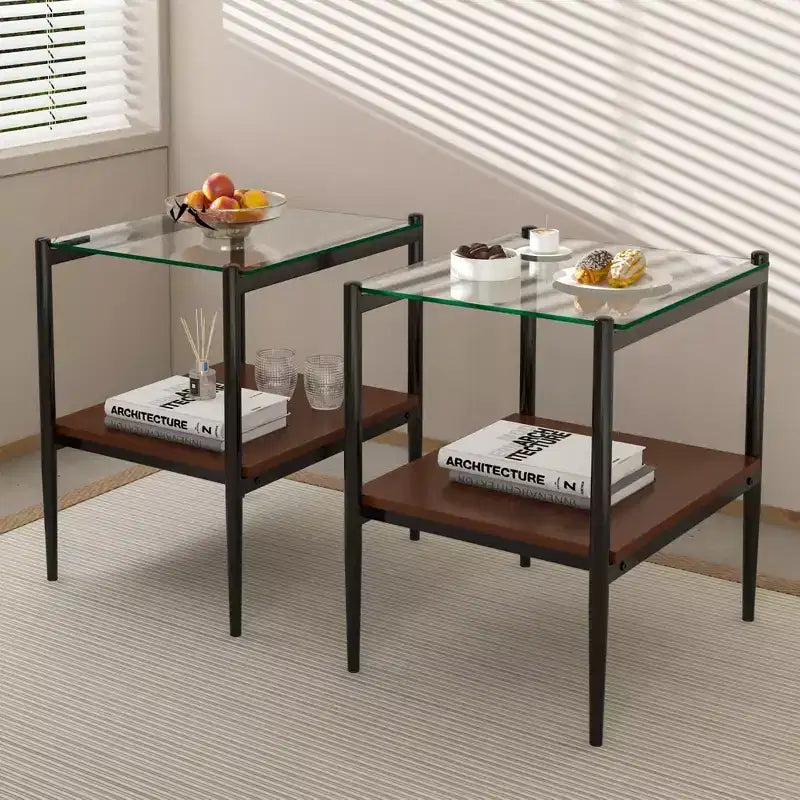 MAYEERTY Set of 2 Rectangle End Table with Tempered Glass Tabletop, for Living Room, Transparent Glass