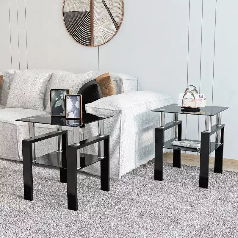 MAYEERTY Modern Tempered Glass End Table, Square Side Table for Living Room Bedroom, Set of 2, Black
