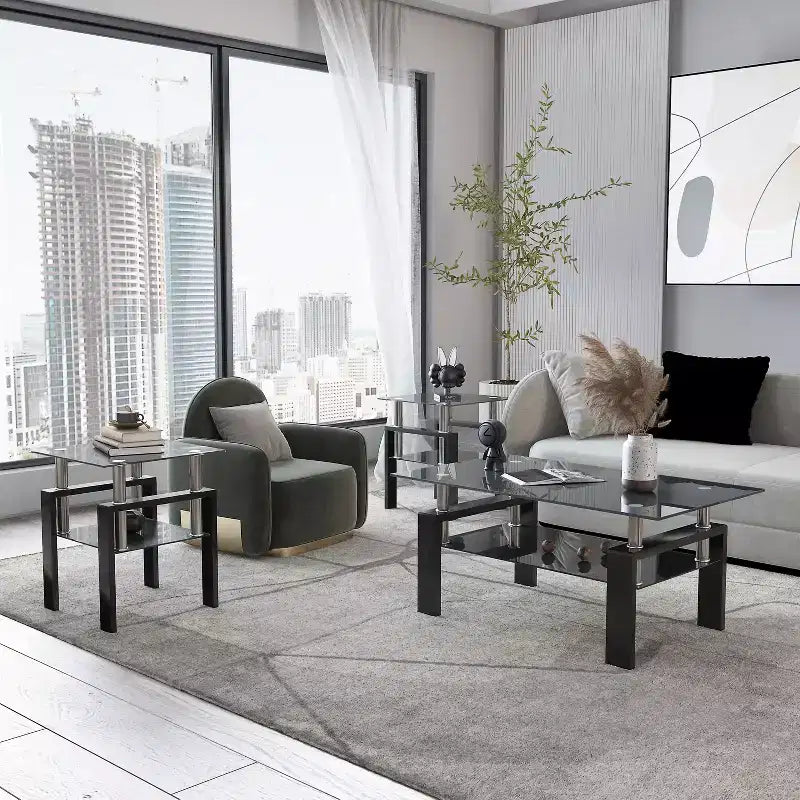 MAYEERTY Modern Tempered Glass End Table, Square Side Table for Living Room Bedroom, Set of 2, Black