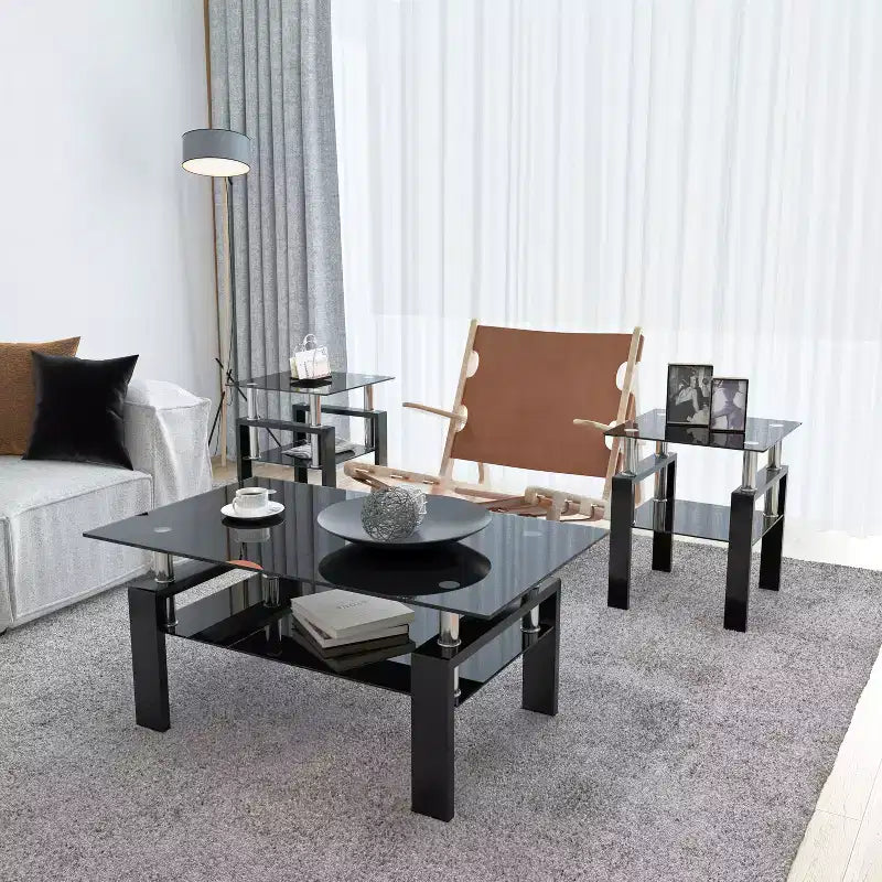 MAYEERTY Modern Tempered Glass End Table, Square Side Table for Living Room Bedroom, Set of 2, Black