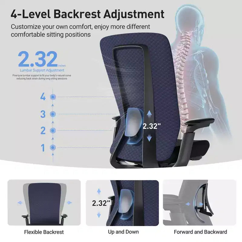 Ergonomic Office Desk Chair,High Back Office Chair with Mesh Back and Adjustable Lumbar Support-DarkBlue