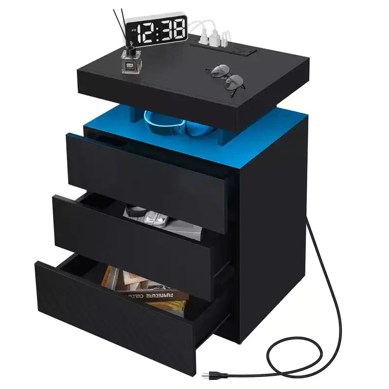 Hommpa Modern LED Nightstand with 3 Drawers & Wireless Charging Station
