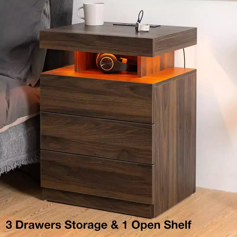 Hommpa Modern LED Nightstand with 3 Drawers & Wireless Charging Station