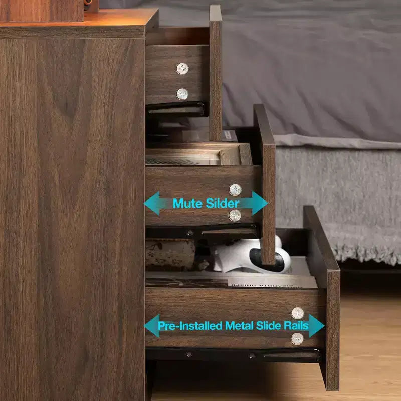 Hommpa Modern LED Nightstand with 3 Drawers & Wireless Charging Station