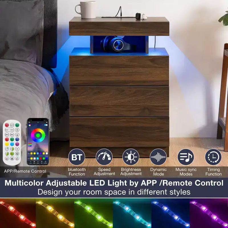 Hommpa Modern LED Nightstand with 3 Drawers & Wireless Charging Station