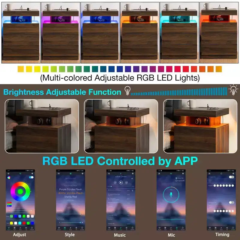 Hommpa Modern LED Nightstand with 3 Drawers & Wireless Charging Station