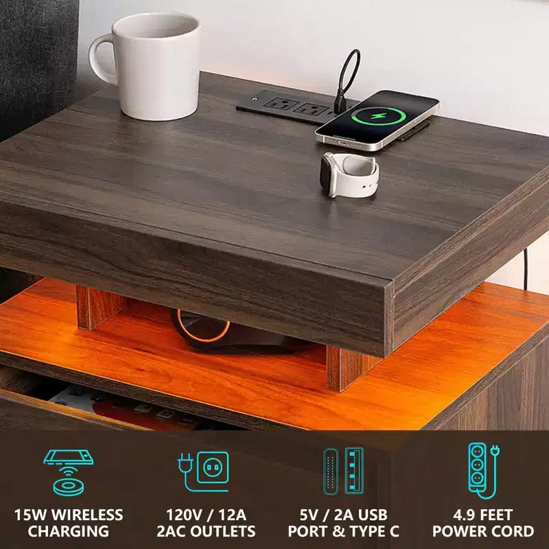 Hommpa Modern LED Nightstand with 3 Drawers & Wireless Charging Station
