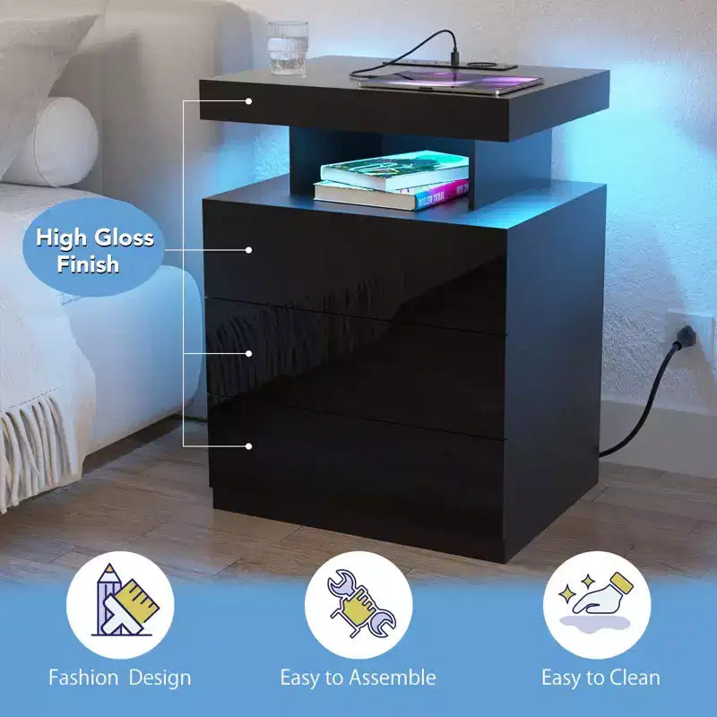 Hommpa Modern LED Nightstand with 3 Drawers & Wireless Charging Station