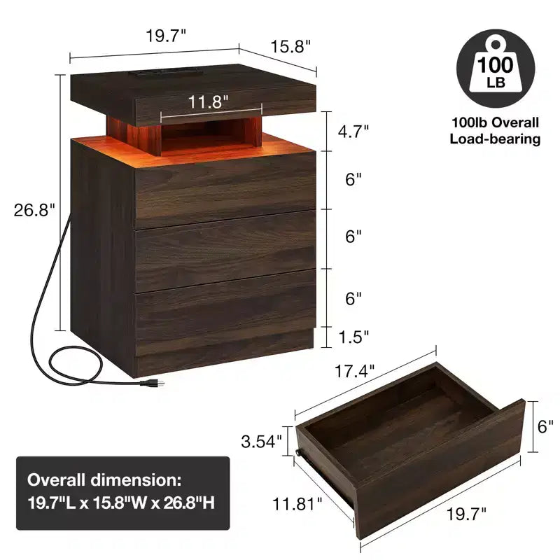 Hommpa Modern LED Nightstand with 3 Drawers & Wireless Charging Station