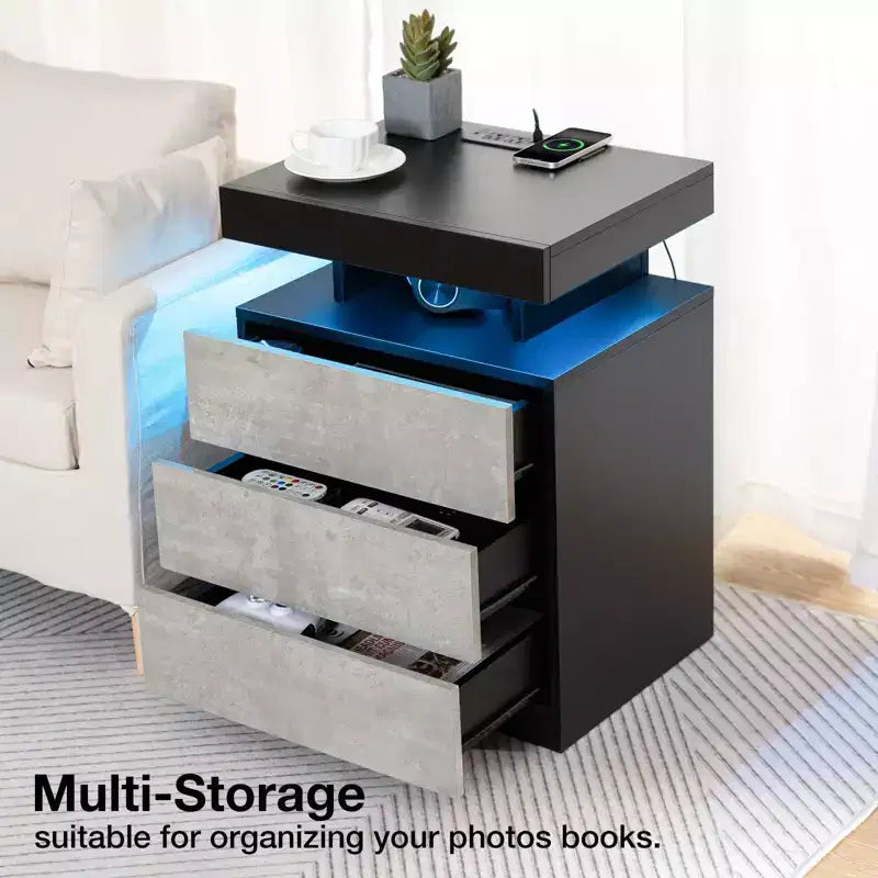 Hommpa Modern LED Nightstand with 3 Drawers & Wireless Charging Station
