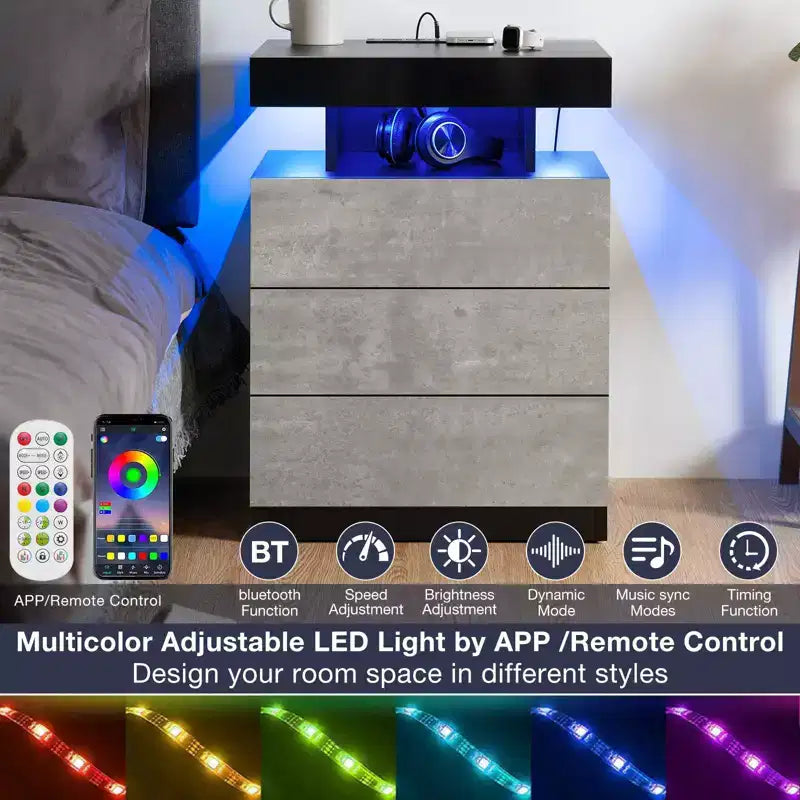 Hommpa Modern LED Nightstand with 3 Drawers & Wireless Charging Station
