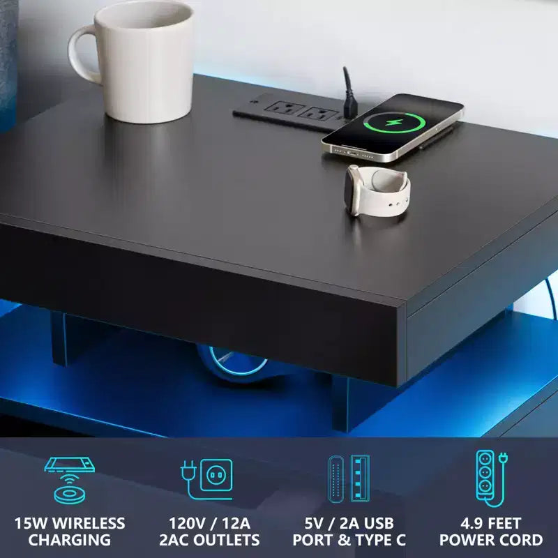 Hommpa Modern LED Nightstand with 3 Drawers & Wireless Charging Station