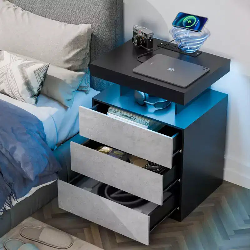 Hommpa Modern LED Nightstand with 3 Drawers & Wireless Charging Station