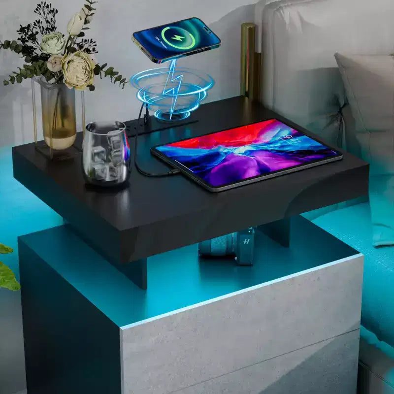 Hommpa Modern LED Nightstand with 3 Drawers & Wireless Charging Station