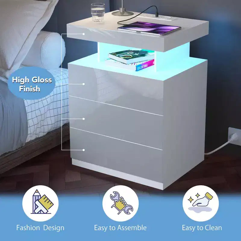 Hommpa Modern LED Nightstand with 3 Drawers & Wireless Charging Station