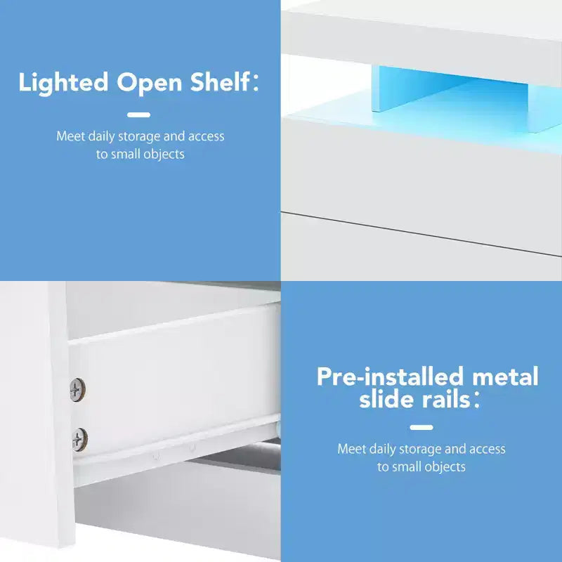 Hommpa Modern LED Nightstand with 3 Drawers & Wireless Charging Station