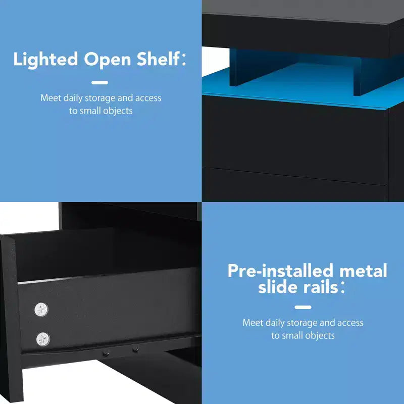 Hommpa Modern LED Nightstand with 3 Drawers & Wireless Charging Station
