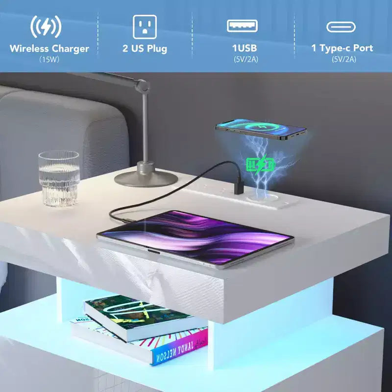 Hommpa Modern LED Nightstand with 3 Drawers & Wireless Charging Station