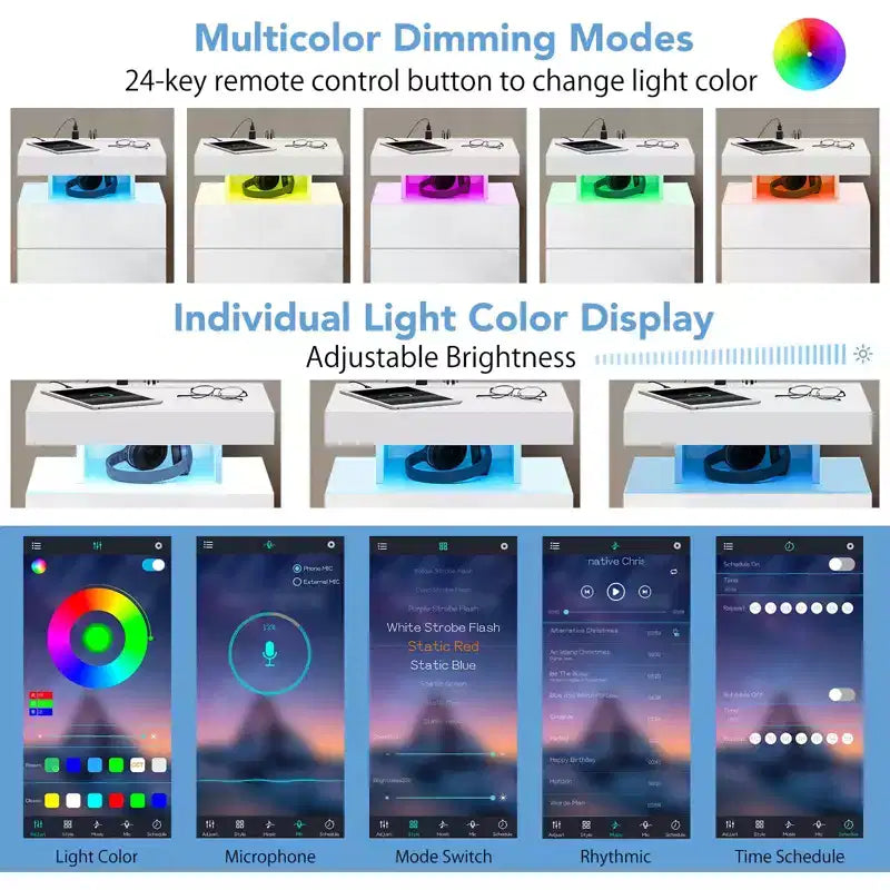 Hommpa Modern LED Nightstand with 3 Drawers & Wireless Charging Station