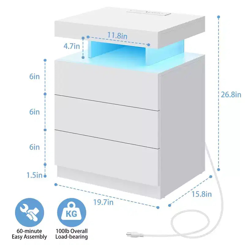 Hommpa Modern LED Nightstand with 3 Drawers & Wireless Charging Station