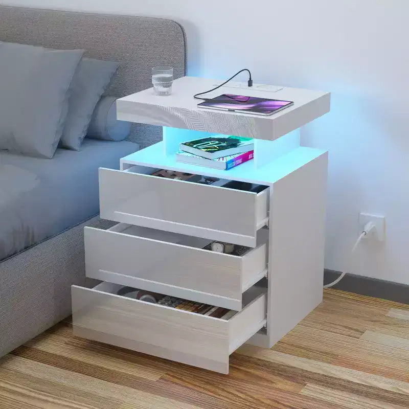 Hommpa Modern LED Nightstand with 3 Drawers & Wireless Charging Station