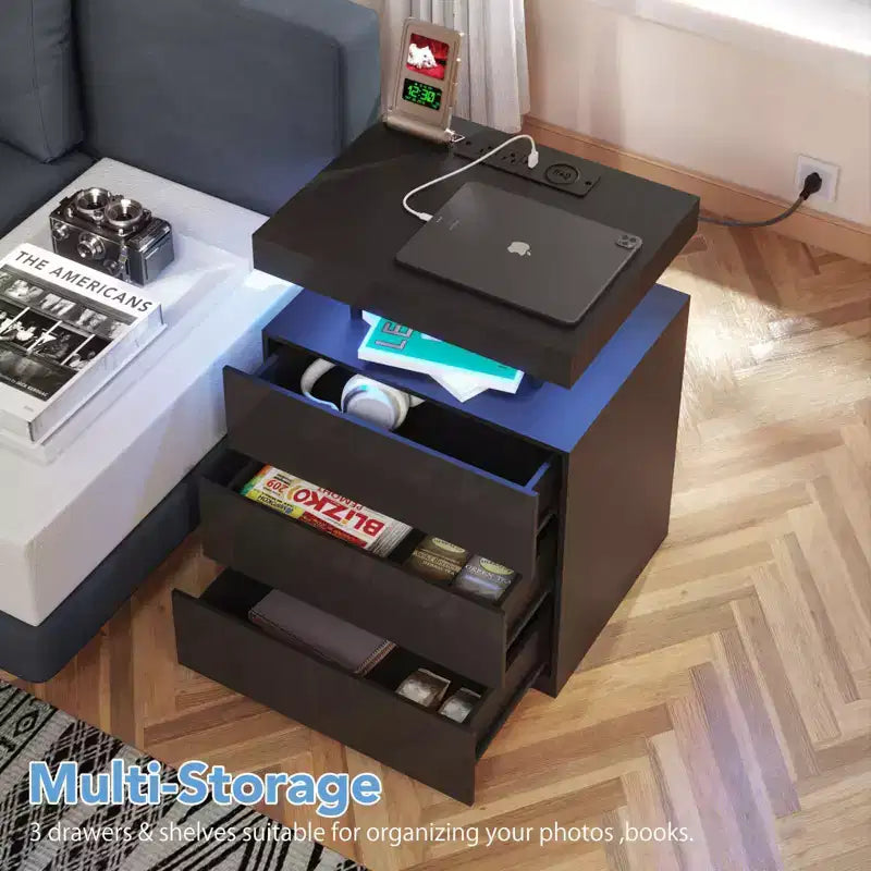Hommpa Modern LED Nightstand with 3 Drawers & Wireless Charging Station