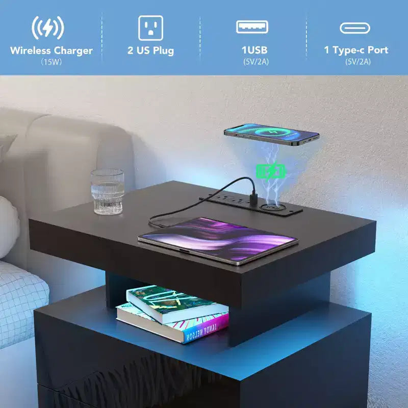 Hommpa Modern LED Nightstand with 3 Drawers & Wireless Charging Station