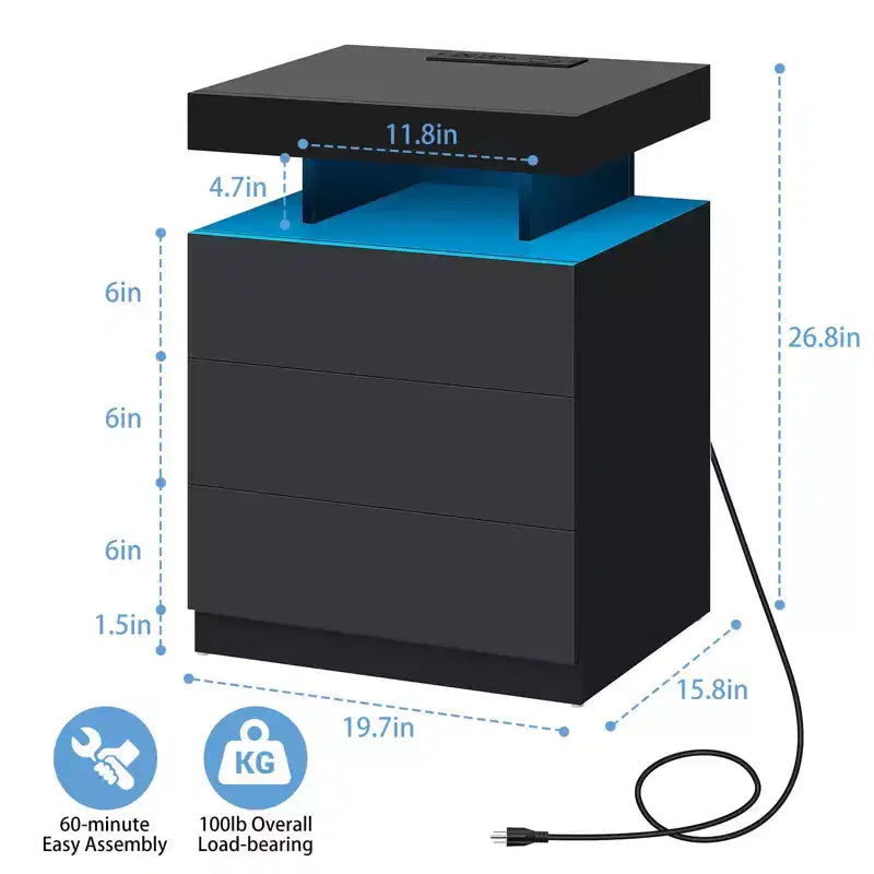 Hommpa Modern LED Nightstand with 3 Drawers & Wireless Charging Station