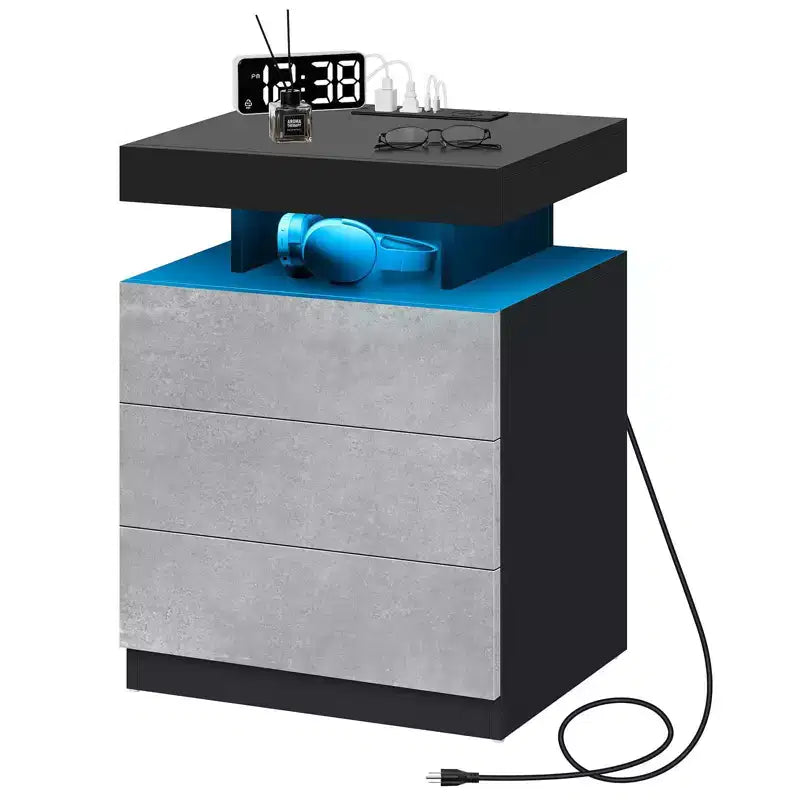 Hommpa Modern LED Nightstand with 3 Drawers & Wireless Charging Station