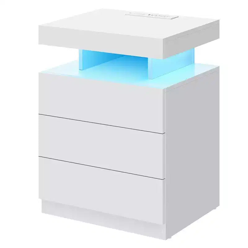 Hommpa Modern LED Nightstand with 3 Drawers & Wireless Charging Station