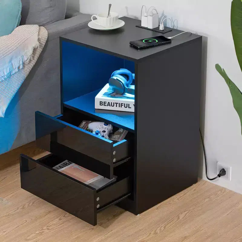 Hommpa Modern Open Shelf Bedside Table LED Nightstand with Charging Station