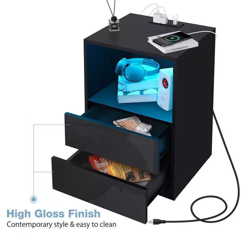 Hommpa Modern Open Shelf Bedside Table LED Nightstand with Charging Station