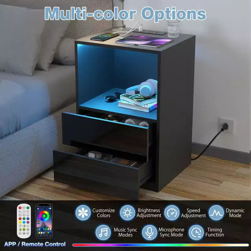 Hommpa Modern Open Shelf Bedside Table LED Nightstand with Charging Station