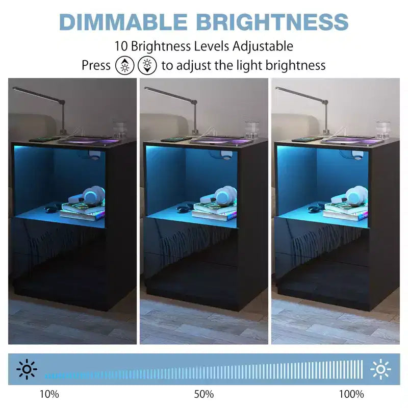 Hommpa Modern Open Shelf Bedside Table LED Nightstand with Charging Station