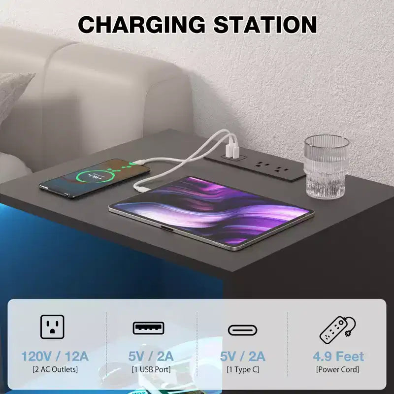 Hommpa Modern Open Shelf Bedside Table LED Nightstand with Charging Station