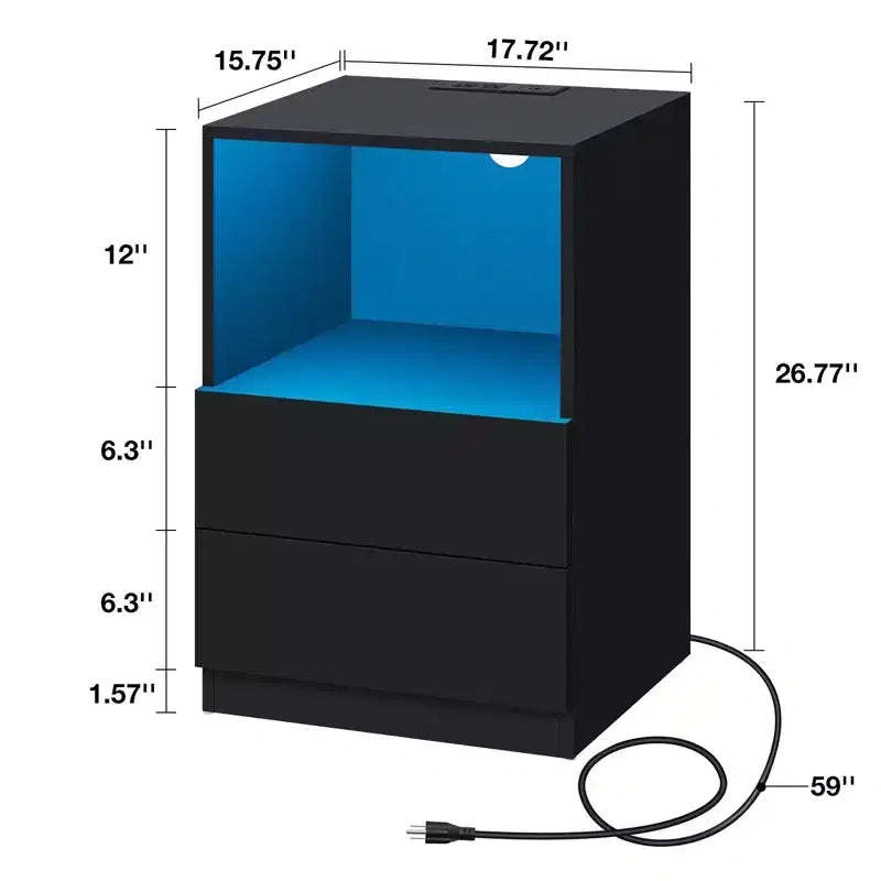 Hommpa Modern Open Shelf Bedside Table LED Nightstand with Charging Station