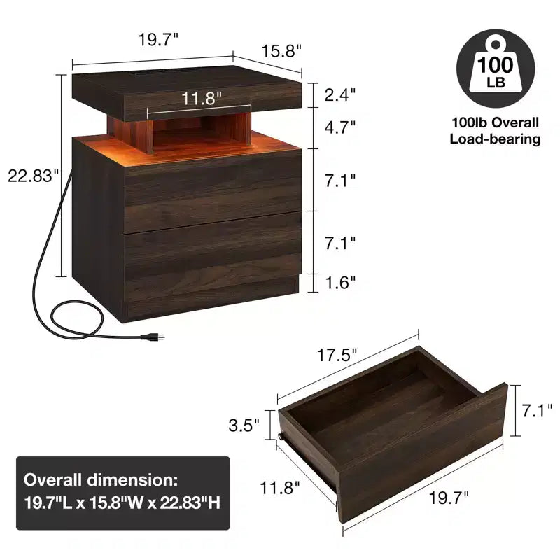 Hommpa Modern LED Nightstand with Wireless Charging Station & 2 Drawers