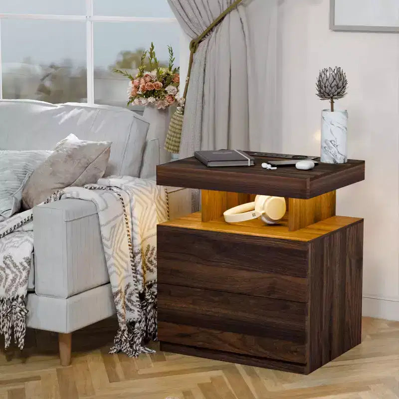 Hommpa Modern LED Nightstand with Wireless Charging Station & 2 Drawers