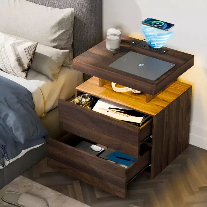 Hommpa Modern LED Nightstand with Wireless Charging Station & 2 Drawers