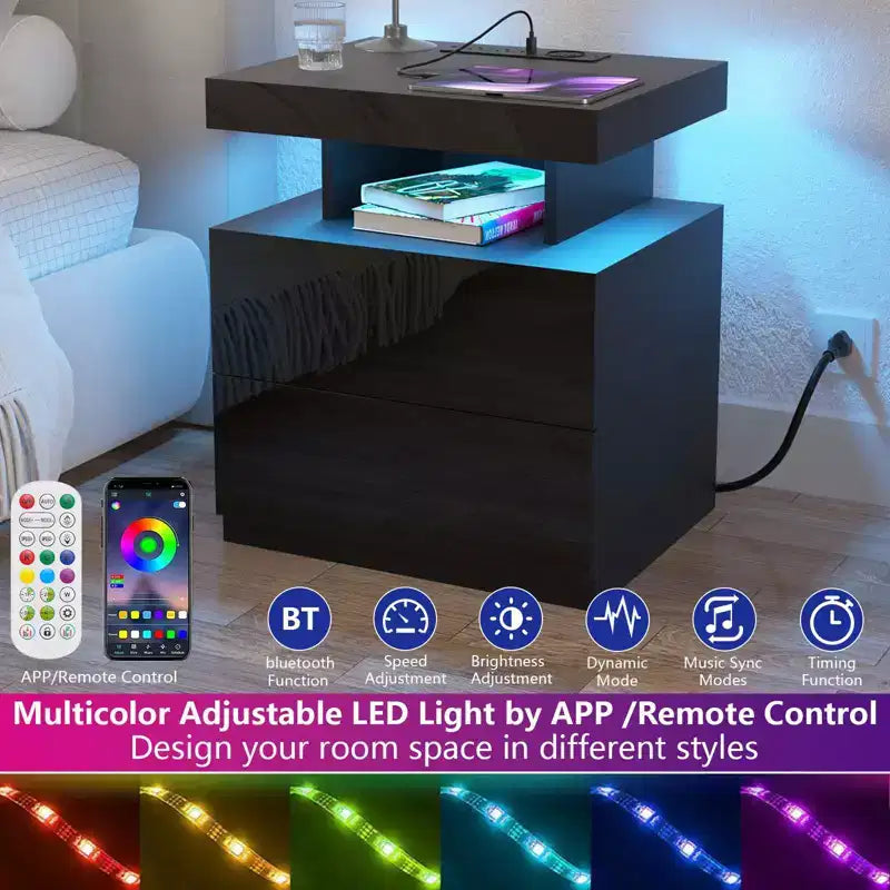 Hommpa Modern LED Nightstand with Wireless Charging Station & 2 Drawers