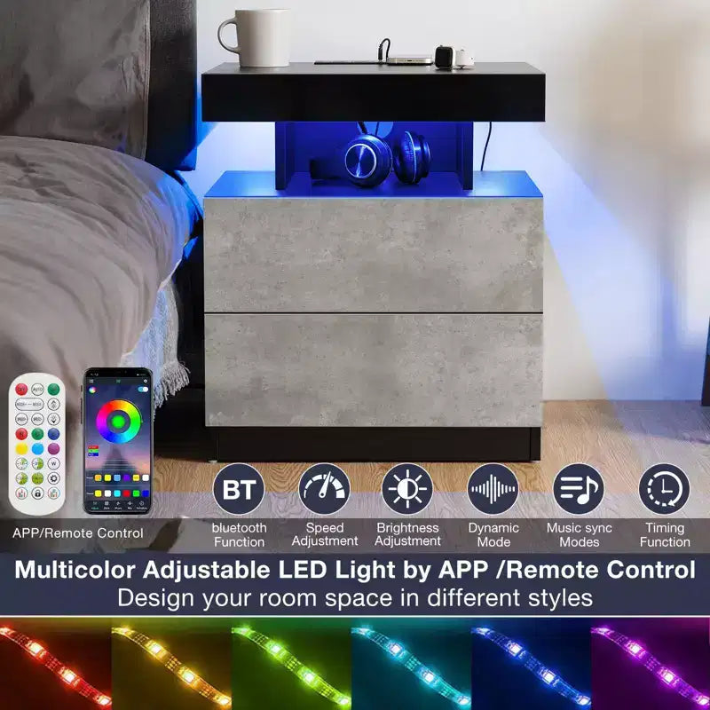 Hommpa Modern LED Nightstand with Wireless Charging Station & 2 Drawers