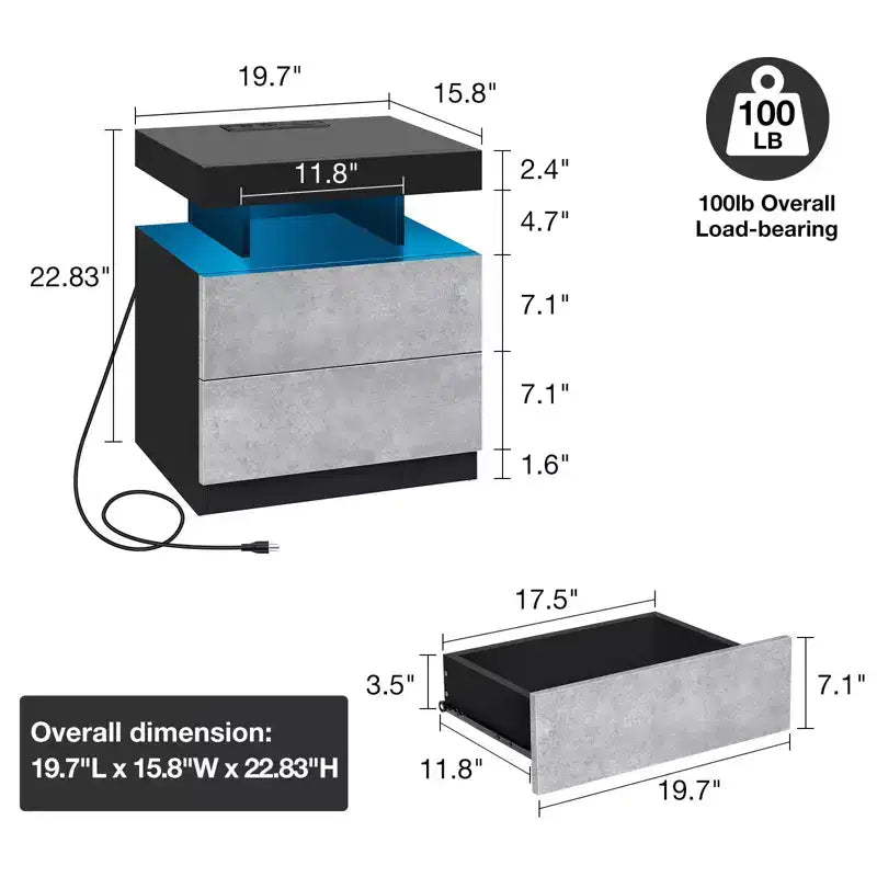 Hommpa Modern LED Nightstand with Wireless Charging Station & 2 Drawers